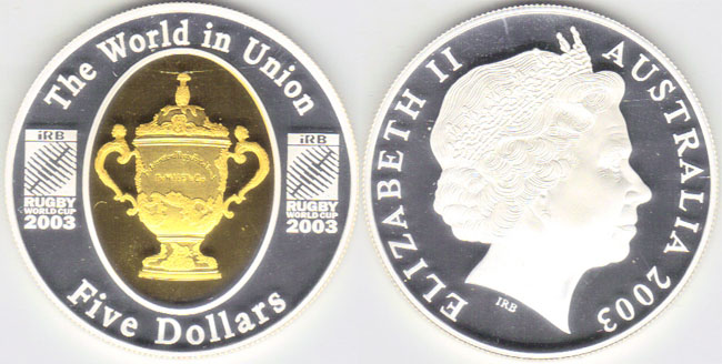 2003 Australia silver $5 gold plated (Rugby World Cup)